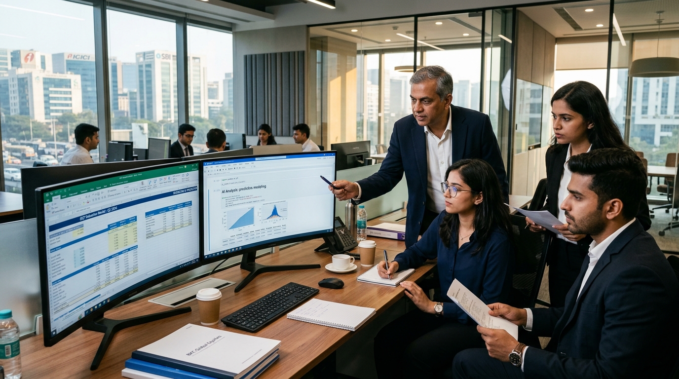 Senior Financial Analysts reviewing models in institutional financial center